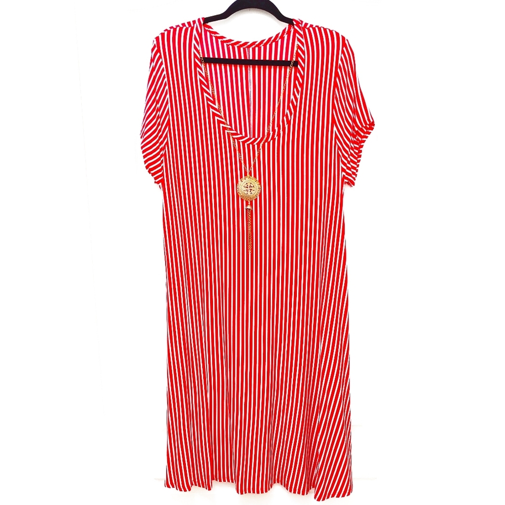 ``D25002 Vintage White & Red Striped Dress with Gold Vintage Necklace